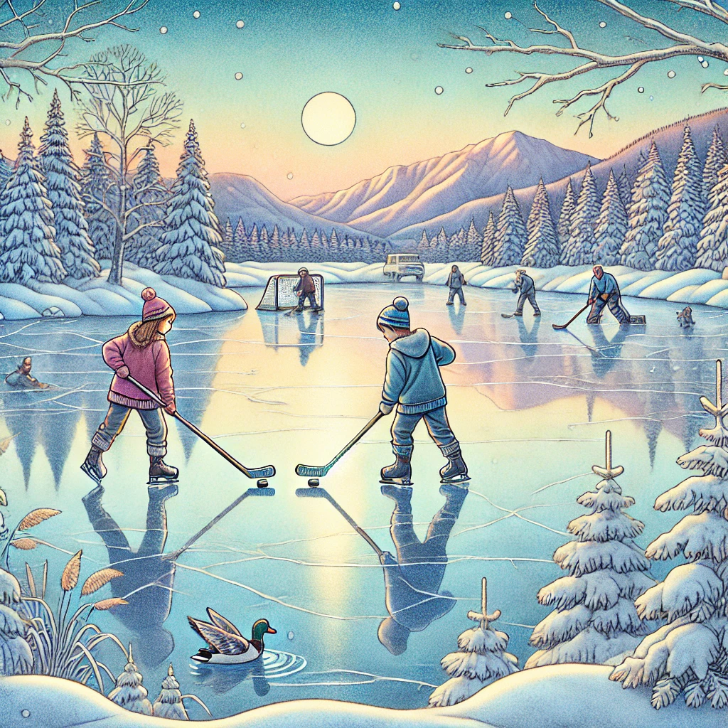 A serene and colorful illustration inspired by a winter evening, showing a girl and a boy playing pond hockey on a frozen lake surrounded by snow-covered trees and distant mountains. The coloring captures soft hues of blue, white, and warm highlights to evoke a peaceful and nostalgic atmosphere. The scene includes intricate reflections on the ice and a faint glow from a setting moon or early evening light, similar in tone and coloring to a cozy winter landscape painting.