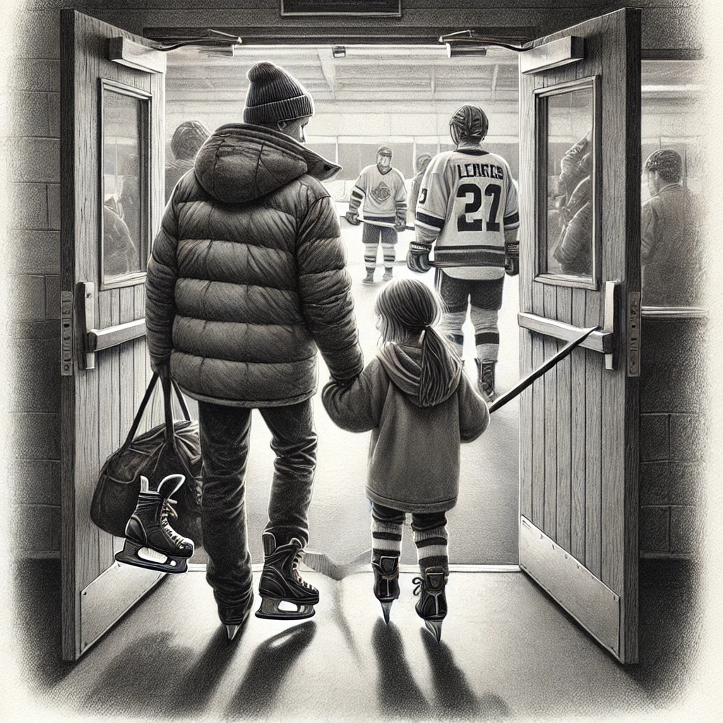 A detailed pencil drawing of a parent and their daughter walking into a hockey rink together. The parent is wearing a winter coat and carrying a bag, while the girl is holding a hockey stick and wearing skates slung over her shoulder. The scene shows the entrance to the rink with doors slightly open, revealing glimpses of the ice and players inside. The drawing has soft shading and intricate pencil textures, emphasizing the bond between the parent and child and the anticipation of entering the rink. The atmosphere is warm and nostalgic, capturing a typical hockey outing.